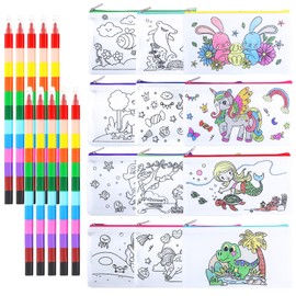 AMFUN 12 PCS Canvas Zipper Bag, Canvas Pencil Pouch Bags with 10 Stackable Crayons, Makeup Bags DIY Craft Bag for Painting, School, DIY Craft, Travel, Organizer