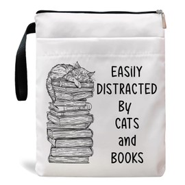 Book Sleeve, Book Covers with Zipper, Funny Cat & Book for Book Lovers, Gifts for Women Teacher Librarian Bookworm Bookish- Easily Distracted by Cats and Books (White-A, Large)
