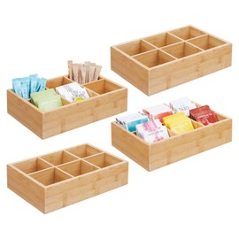mDesign Bamboo Tea & Food Storage Organizer Container Box - Wooden Holder Case for Tea Bags, Coffee, Snacks, Sugar, Sweeteners, and Small Packets - Echo Collection - 4 Pack - Natural Wood