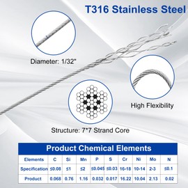 316 Stainless Steel Cable, 200FT 1/32IN Wire Rope with 50Pcs Aluminum Sleeves Stops, for String Lights Hanging, Clotheslines, Trellis Wire