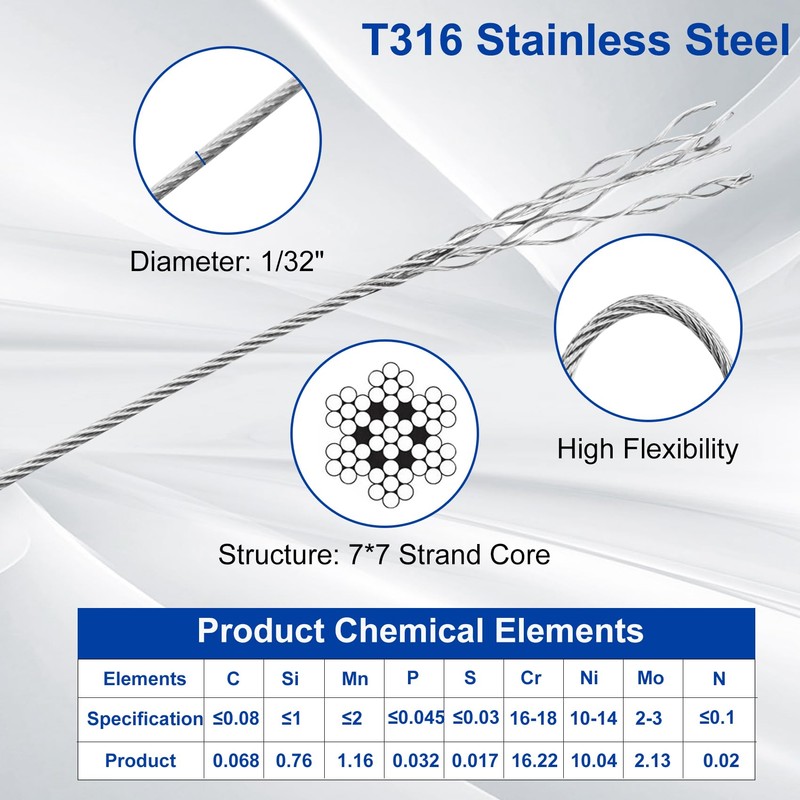 316 Stainless Steel Cable, 200FT 1/32IN Wire Rope with 50Pcs