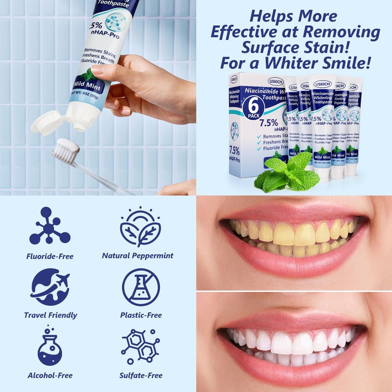 7.5% Nano Hydroxyapatite Toothpaste,6 Pack Fresh Breath Whitening Toothpaste for