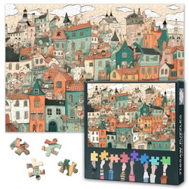 Colorful Houses Puzzles for Adults 1000 Pieces Winding Streets, Quirky Shops and Animals Residents Jigsaw Puzzles 1000 Pieces, Whimsical Cityscape Puzzle, 19.5 x 27.5 Inch
