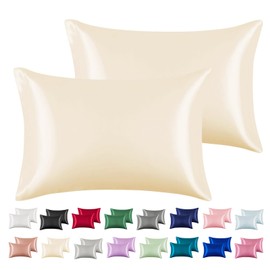 Silk Satin Pillowcase Cal King Size, Beige Silky Soft Cooling Satin-Silk Pillow Cases for Hair and Skin with Envelope Closure, Gift for Women Men, 2 Pack (20x40, Beige)