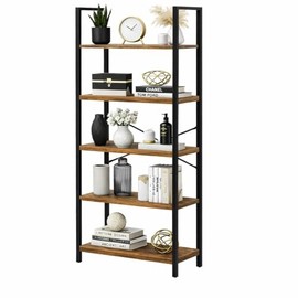Librero pequeño Industrial con 5 repisas de Madera y Marco metálico, 5 estantes organizadores Tipo Shelf para organizacion hogar y Decoracion Sala - E