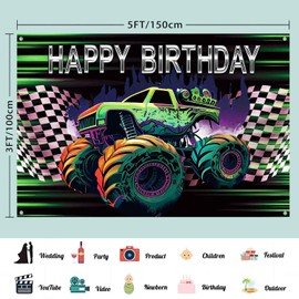 Truck Backdrop Truck Happy Birthday Banner for Boys Kids Green Truck Birthday Party Decorations Car Racing Trucks Theme Happy Birthday Photography Background (5x3ft)