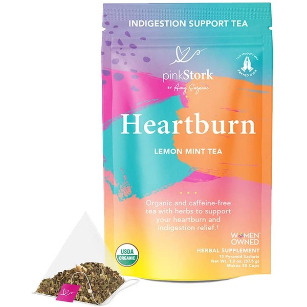 Pink Stork Heartburn Tea: Lemon Mint, 100% Organic, Heartburn Pregnancy Relief + Reduce Indigestion + Acid Reflux, Women-Owned, 30 Cups, Packaging May Vary