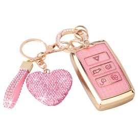 Meruns Compatible with Range Rover key fob cover with Keychain, Car Accessories for Jaguar XE XJ XF for Land Rover Sport, Velar, Evoque, Defender, Discovery, Gold Pink