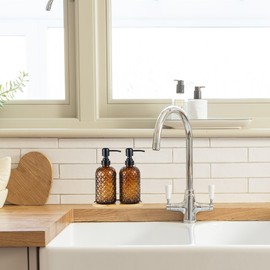 Hzxcuim 12Oz Glass Soap Dispenser with 304 Black Rustproof Stainless-Steel Pump, Refillable Glass Soap Dispenser for Kitchen, Bathroom, Farmhouse (Amber-2pack& Tray)