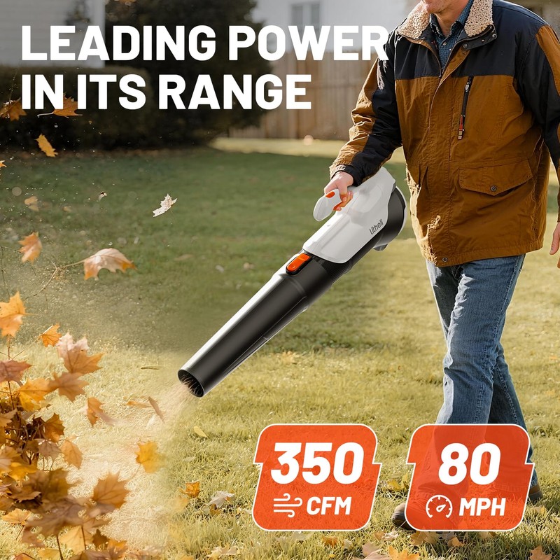 Litheli 20V Cordless Leaf Blower, Dual 2×2.0Ah Batteries Included, 350CFM/85MPH,