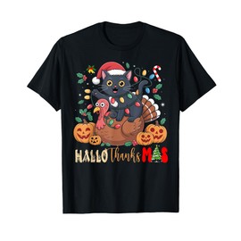 Funny HalloThanksMas Black Cat Santa Hat Turkey Pumkins T-Shirt