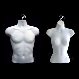 DisplayTown Mannequin Forms Male and Female Torso/Hard Plastic/Waist Long with Hook for Hanging, White, 2 Piece
