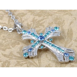 Alilang Silvery Tone Religious Cross Pendant Necklace Clear Crystal Rhinestones,Blue