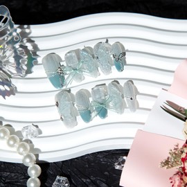 TENPAL French Tip Press on Nails Medium Almond Jade Green Butterfly Designs Fake Nails With Smoothie Cat Eye Handmade Acrylic False Nails Press Ons 10pcs/Box Ballet Nails For Women Spring Summer(M)