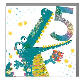 Lola Design - Happy 5th Birthday Card for Kids - Crocodile Design, Children's Birthday Cards - Blank Card with Grey Envelope - UK Designed and Printed