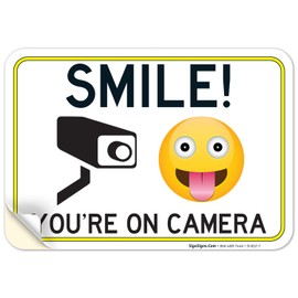 Smile You're on Camera Video Surveillance Sign, 10x7 Inches, 4 Mil Vinyl Decal Stickers Weather Resistant, Made in USA