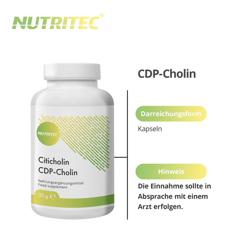 Nutritec CDP-Cholin 60 Kapseln, Nahrungsergänzungsmittel mit 250mg Citicholin pro Kapsel