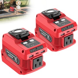 Hisecren 220W Portable Power Inverter Compatible with Milwaukee 18V Battery, DC 18V to AC 110V Battery Inverter, with 400LM LED Work Light, 1 AC Outlet, 2 USB Ports &1 Type-C, Fast Charging, 2PCS