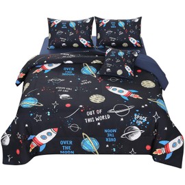 JQinHome Full Space Comforter Set for Kids,6 Piece Bed in A Bag 3D Galaxy Space Rocket Planets Bedding Set for Teens Boys Girls with Pillowcases,Flat Sheet,Fitted Sheet,Cushion Cover