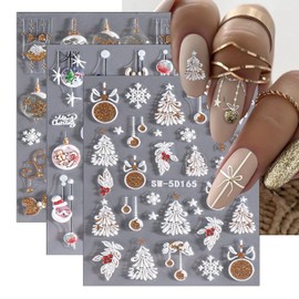 Christmas Nail Art Stickers 5D Embossed Cute Christmas Tree Lights Snowflake Nail Art Designs Xmas Nail Decals Self-Adhesive Christmas Nail Supplies Decoration for Women Manicure Accessories, 3pcs