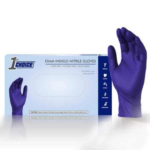 1st Choice Indigo Nitrile Exam Gloves, Box of 100, 3 Mil, Size X-Large, Latex Free, Powder Free, Textured, Disposable, Non-Sterile, Food-Safe, 1EINXLBX