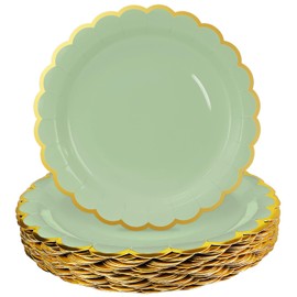 HEIPINIUYE 50 Pieces Sage Green Paper Plates with Gold Foil 7 Inch Disposable Sage Scalloped Dinner Plates for Wedding Baby Shower Birthday Party Dessert Plate