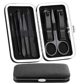 Manicure Set, Set of 8 Nail Care Set, Stainless Steel Nail Set Manicure, Nail Set with Leather Bag, Nail Set, Nail Scissors Set for Manicure Eyebrow Correction Ear Wax Removal, Unisex, Black