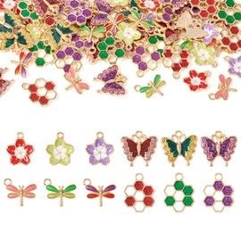 PandaHall 72pcs Flower Enamel Charms Pendants Butterfly Dragonfly Honeycomb Dangle Charms for DIY Crafts Necklace Bracelet Earring Jewelry Making