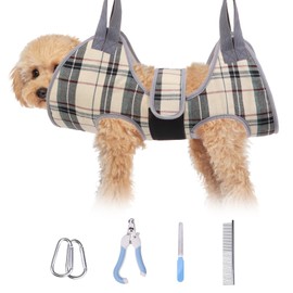 BEAUTYZOO Dog Grooming Hammock for Small Dogs Cat- Dog Sling for Nail Trimming/Clipping- Dog Hanging Harness Holder with Thick Fabric Neck Support & Strap Restraint Claw Care, Beige XS