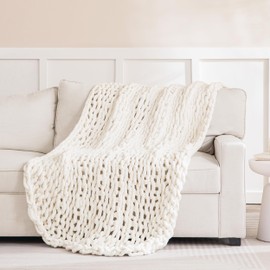 HBlife Chunky Knit Throw Blanket 50X60 Inches, Super Warm Soft Chenille Yarn Cable Knitted Blankets and Throws Boho Giant Cozy Thick Crochet Blanket for Sofa Bed Couch, Cream