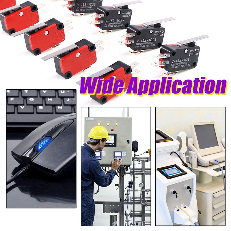 Swpeet 10Pcs V-152-1C25 Micro Limit Switch Long Hinge Roller Momentary