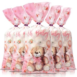Pajean 100 Pack Bear Baby Shower Treat Bags Bear Cellophane Candy Bag Bulk Plastic Goodie Gift Bags with Metallic Twist Ties for Gender Reveal Birthday Party Favors (Pink)