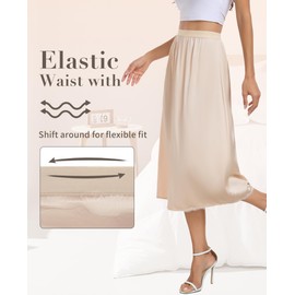 Vlazom Women's Satin Half Slips Lace Long Underskirt Soft Waist Slips for Under Dresses Long Skirt Petticoat Size UK 6-24, Nude, L