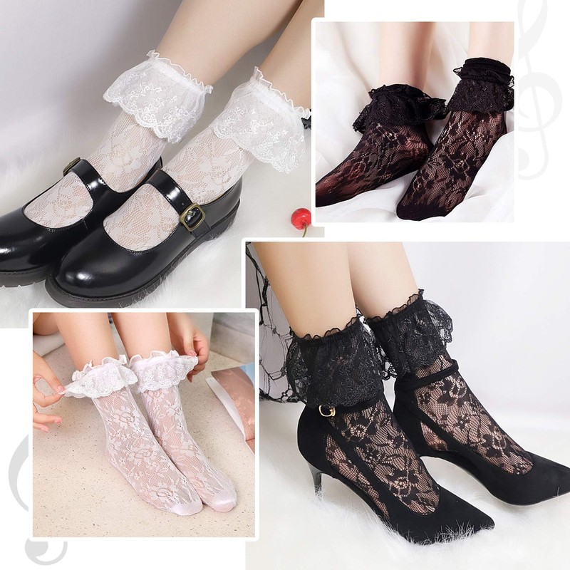 Lovful Calcetines tobilleros de encaje para mujer, 2 pares, Negro,