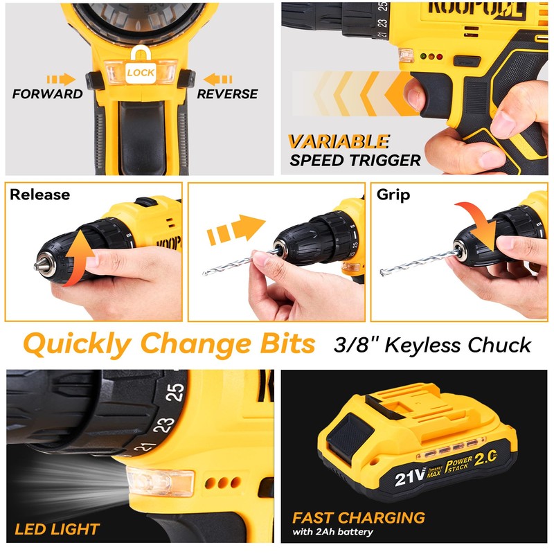 Tool Box Set: Cordless 21V Power Drill Tool Kit with