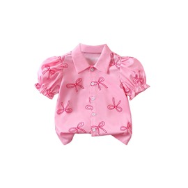 Verdusa Girl's Cute Bowknot Puff Sleeve Blouse Tops Button Down Collared Shirts Pink 7 Years