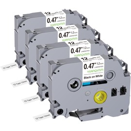 Yuanqimm Compatible with Brother P-touch tapes 12 mm x 8 m TZe231 TZe-231 TZ231 TZ-231 TZe 12 mm 0.47 black on white label tape for PT-D400 PT-H100LB PT-H105 PT-D200 PT-1000 PT-H110 PT-H101 Pack of 4