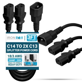 IronBox Electric IEC C14 to 2X C13 Splitter Power Cord - 10A, 250V, 18/3 AWG - UL Listed Power Extension Cable - Heavy Duty Adapter Cables for Computer, Monitor, PDU, Printer & More (3ft + 1ft Legs)