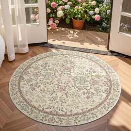 jinchan Round Rug 4ft Area Rugs, Soft 4'Circle Floral Aesthetic Rug Ultra-Thin Non-Slip Low Pile Machine Washable Carpet for Entryway, Bedroom, Kids Room, Kitchen, College Dorm, Pastoral Sage/Mauve