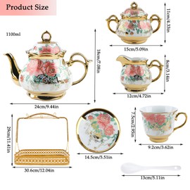 YTDTKJ 21 PCS Ceramic Tea Sets for Women Tea Party, Pink Tea Set with Gold Shelf, Flower Porcelain Tea Set with Plates & Spoons, Coffee Cup Set for Dinner Restaurant Hotels