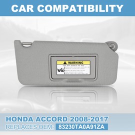 PHATRIP Right Passenger Side Sun Visor with Light Compatible with Honda Accord 2008 2009 2010 2011 2012 2013 2014 2015 2016 2017 Replace# 83230TA0A91ZA Grey