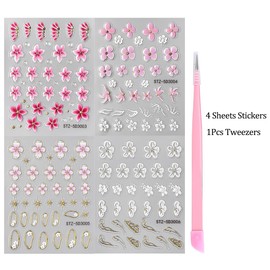 SUTOZMIWE 5D Embossed Flower Nail Art Stickers,Pink White Floral Self-Adhesive Nail Decals,Spring Summer Lily/Hibiscus Blossom Floral Nail Supplies Accessories for Women Girls Manicure Decoration