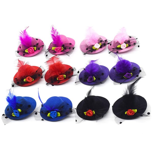AUEAR, 12 Pcs Mini Hat Hair Clip with Faux Feather 6 Colors Fashion Shining Hat Hair Clip for Decoration (Flower)
