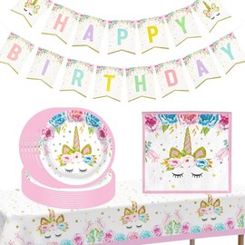 POPOYU Unicorn Tableware Set, Plate, Cup, Napkin, Tablecloth (Pink, Tableware Set)