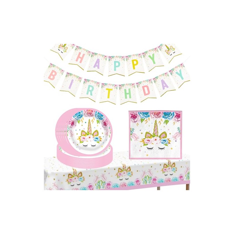 POPOYU Unicorn Tableware Set, Plate, Cup, Napkin, Tablecloth (Pink, Tableware