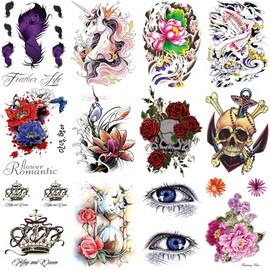 12 Sheets Temporary Tattoos for Men Women, Half Arm Waterproof Temp Tattoo Stickers, Multi-Colored Mixed Style Body Art Feather Flower Birthday Party Decoration Supplies Gifts for Adults