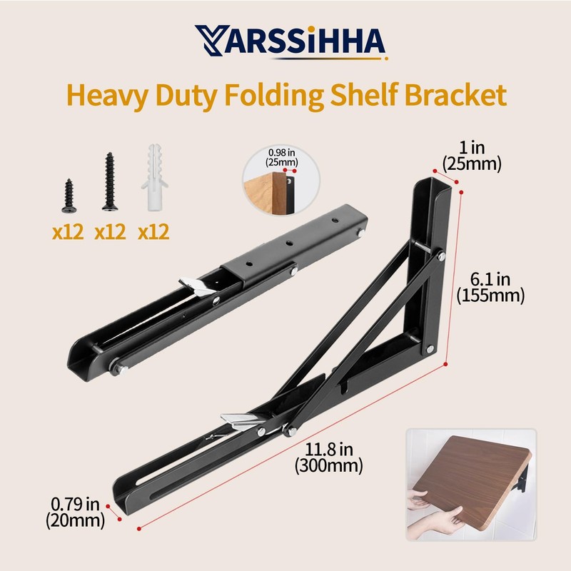 Yarssihha 12 Inch Folding Shelf Bracket, 4 Pack Heavy Duty