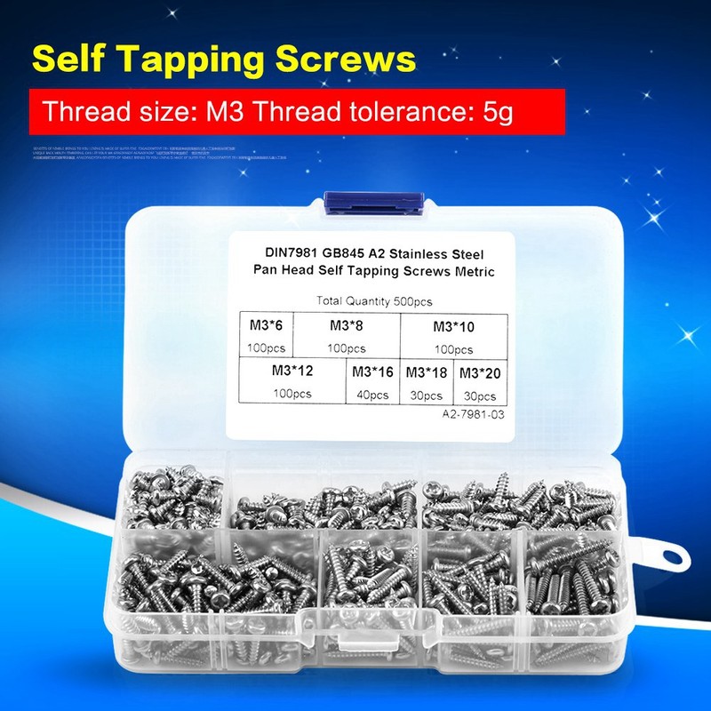 500PCS M3 Cross Drive Button Head Self Tapping Screws Assortment