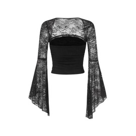 Verdusa Women's Y2K Bell Sleeve Square Neck Ruched Blouse Goth Lace Tops Black Large