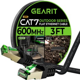GearIT Cat 7 - Cable Ethernet plano para exteriores (3 pies, negro), con clasificación LLDPE para entierro directo – Cable de conexión RJ45 sin enganches, protegido Cat7, FTP 600 MHz 10 Gbps